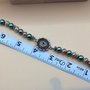 Handmade Teal & Pink Beaded Bracelet with Floral Centerpiece & Heart Charm